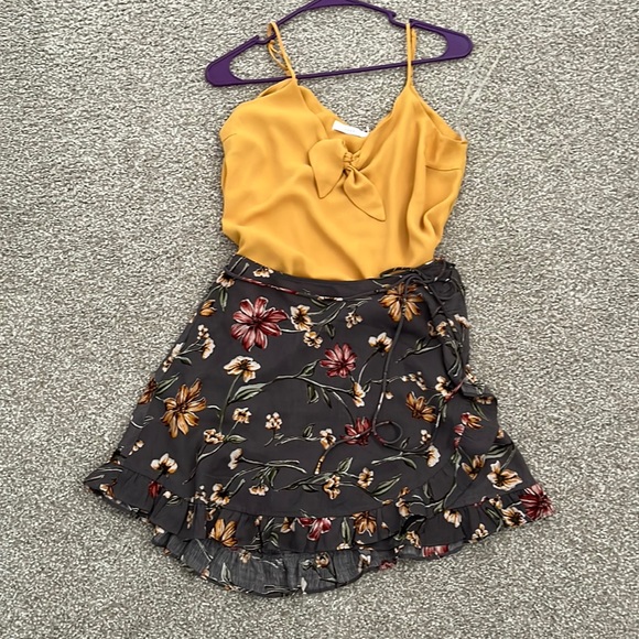 Mustard yellow top with floral tie wrap skirt outfit